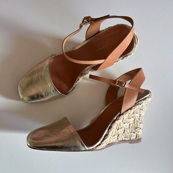Tory Burch Metallic Gold Leather Closed Toe High Espadrille 95mm Wedge Heels 8 M - Picture 2 of 10